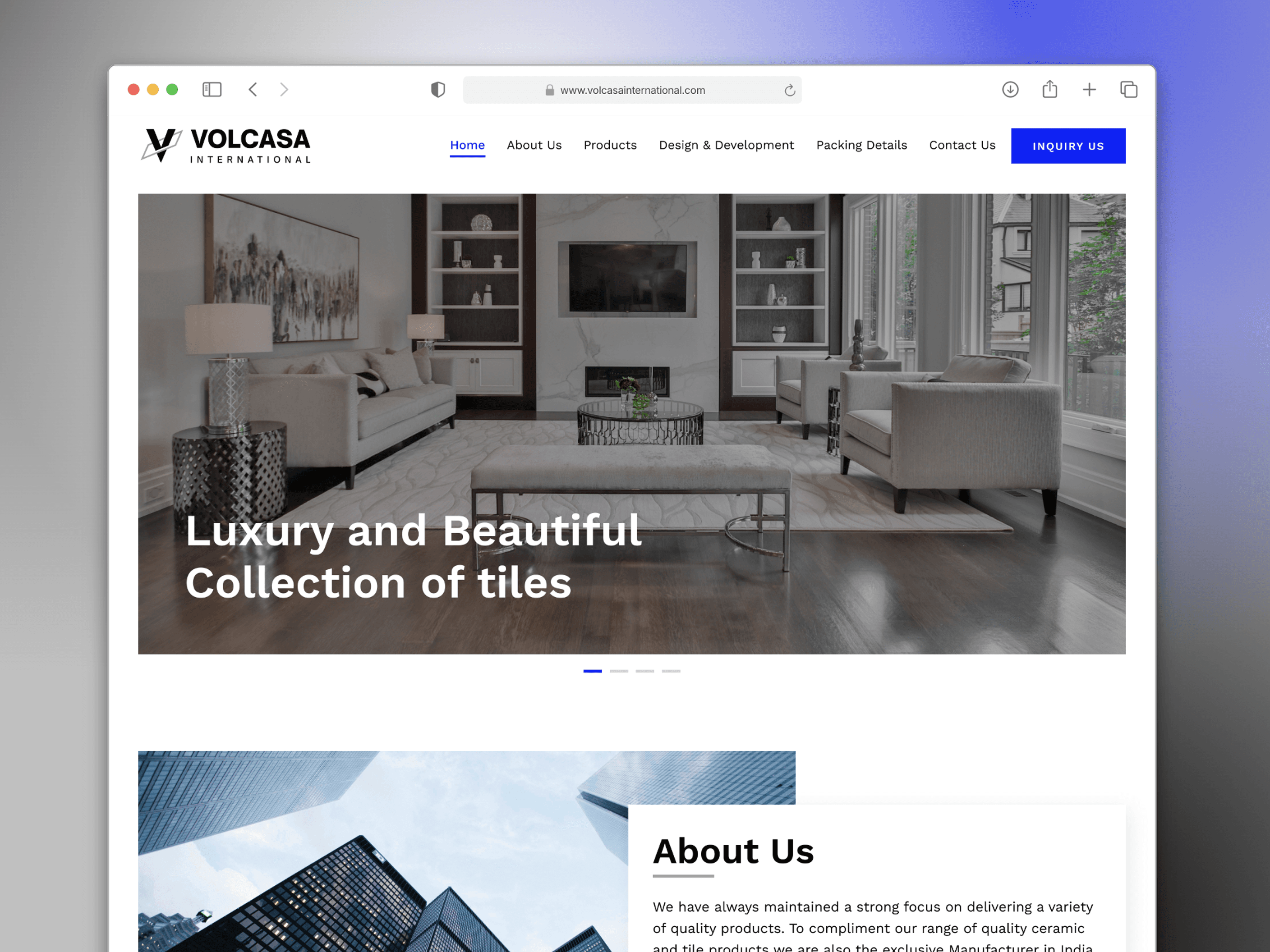 Volcasa International - dynamic tile exporter website