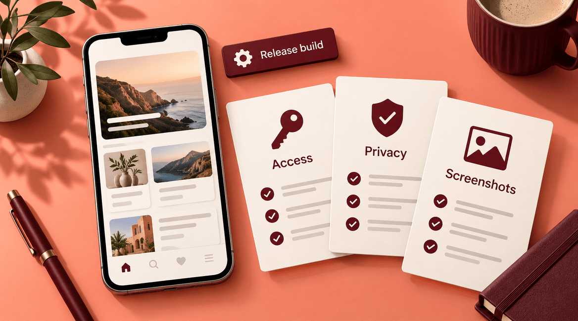 A mobile release build sits beside organized review materials for access, privacy, and screenshots.