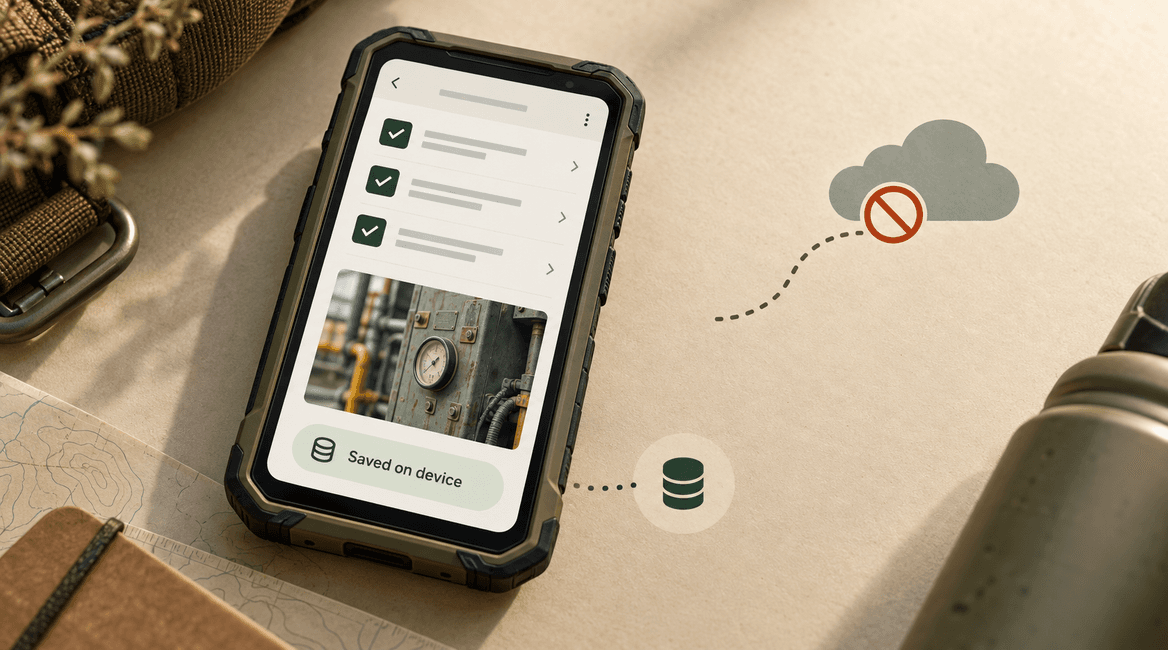 A field inspection remains saved on a phone while an unavailable cloud connection is clearly marked.