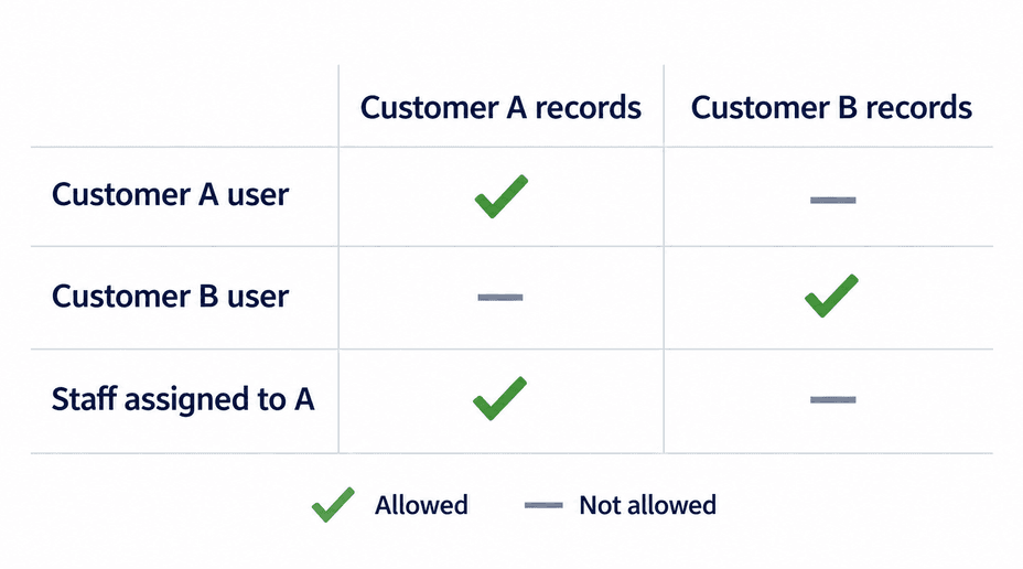 An access matrix shows that each customer and assigned staff can access only the appropriate customer records.