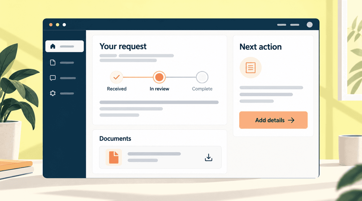 A customer portal brings a service request, its progress, relevant documents, and the next action into one clear view.