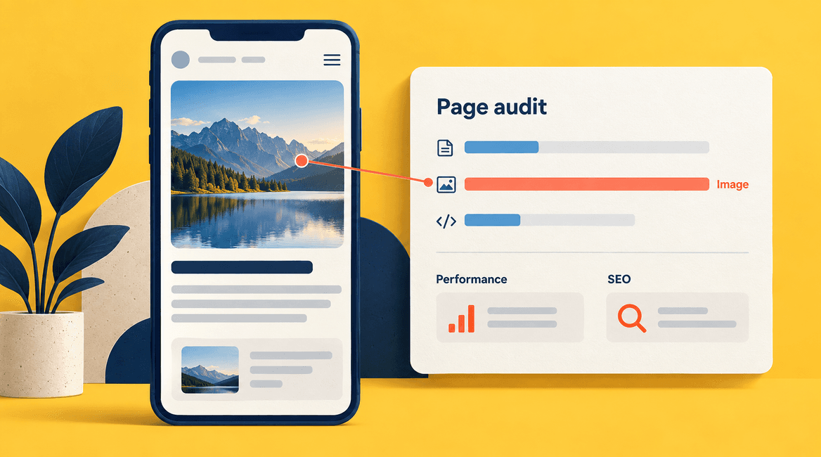 A mobile webpage is inspected beside a clean performance audit panel with a resource waterfall and highlighted image request.