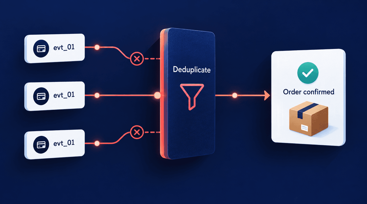 Three repeated payment-event cards enter a deduplication gate and produce one confirmed order.