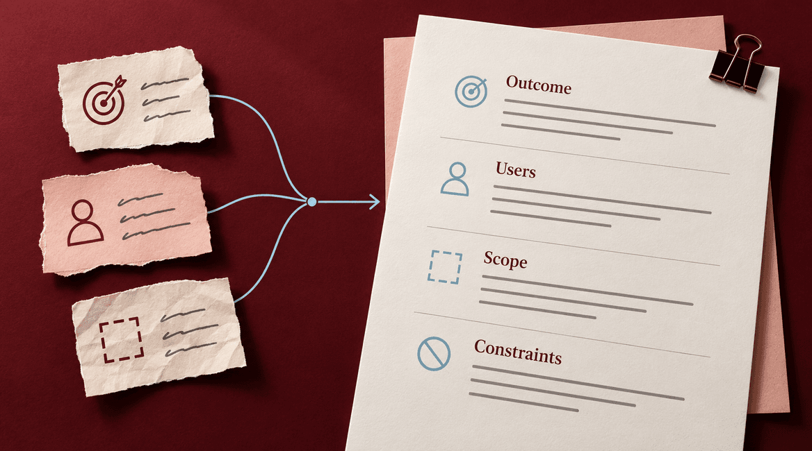 Scattered project notes are organized into a brief with outcome, users, scope, and constraints.