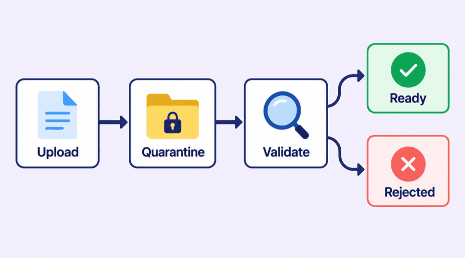 A file progresses from upload to quarantine to validation, then branches to ready or rejected.