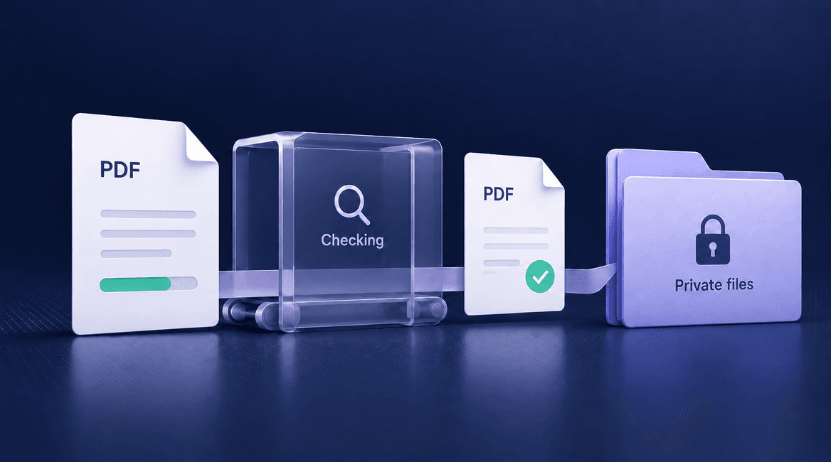 A private document upload passes through a checking stage before appearing in a protected file collection.