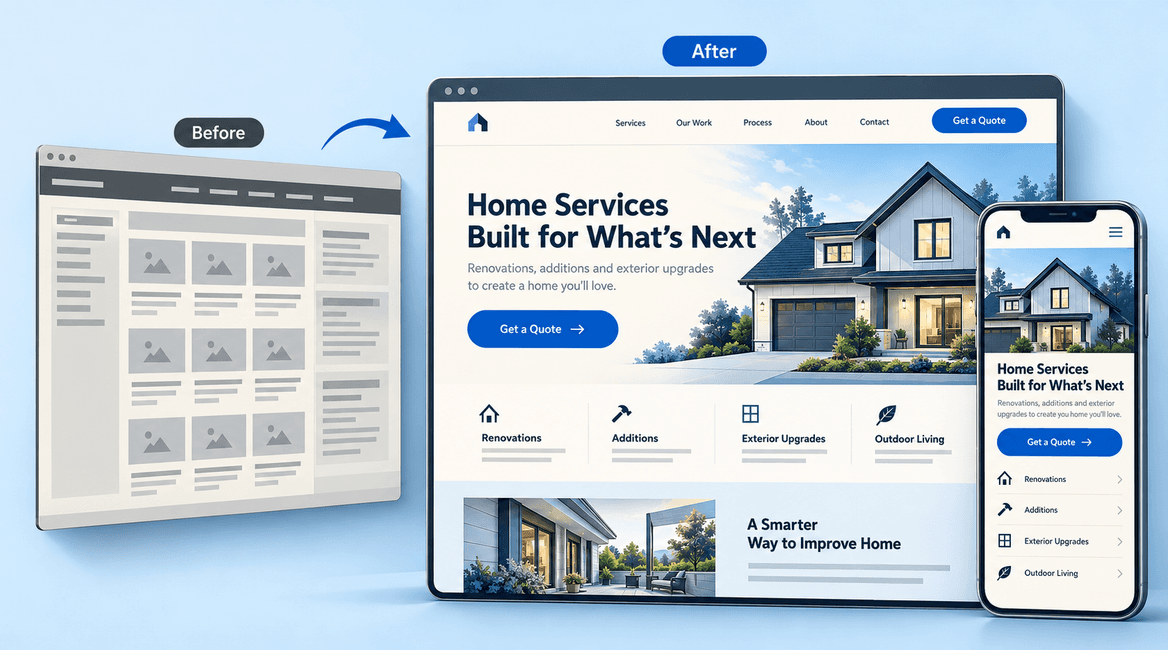 A cluttered website layout is compared with a clearer service page and a matching mobile layout.