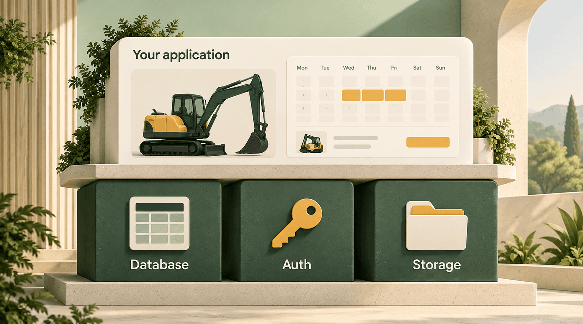 A custom rental application sits above clearly separated database, authentication, and file-storage building blocks.