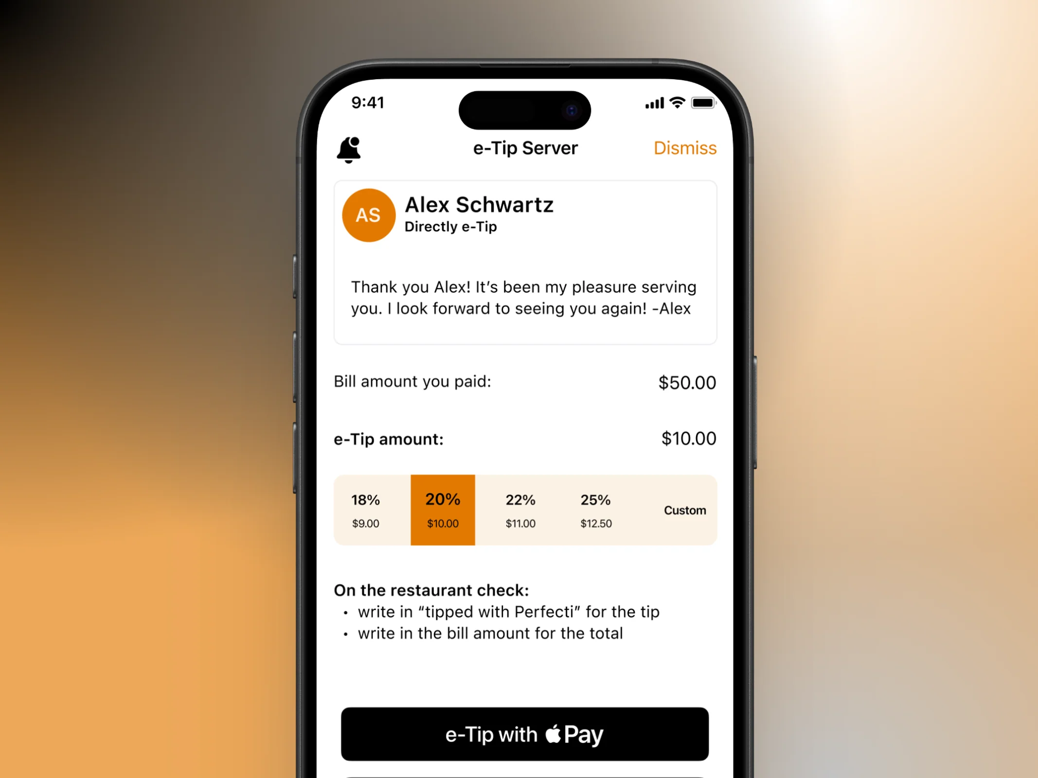 Perfecti server tip receipt and guest details