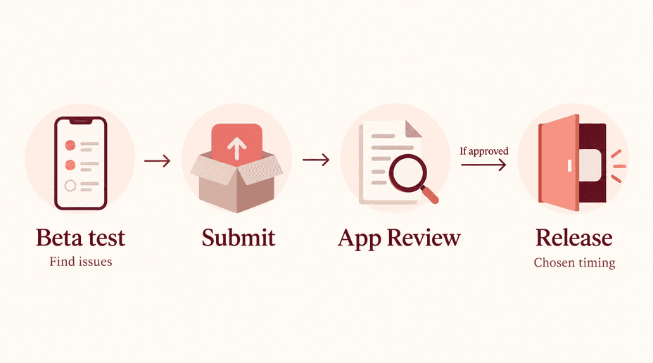 Four distinct stages show beta testing, submission, App Review, and release without implying automatic approval.