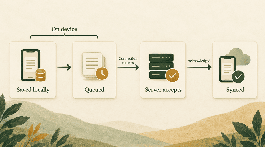 An offline change is saved locally, queued, accepted by the server, and only then marked synced.