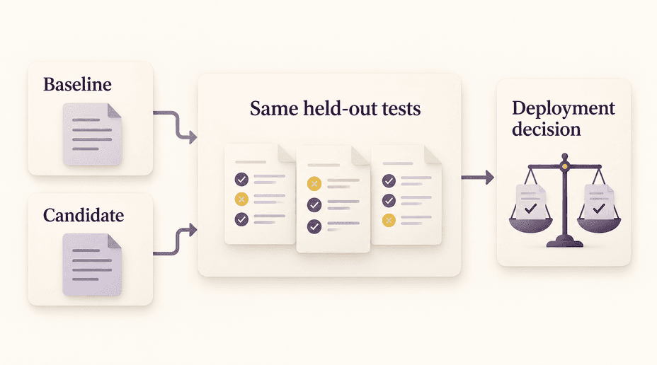 A baseline and a custom candidate evaluated against the same held-out cases before choosing what to deploy.