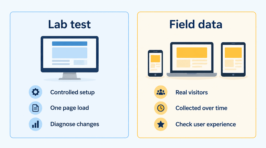 Two distinct panels show a controlled lab test of one page and field measurements collected from real visitors.