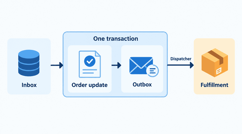 A durable inbox feeds an order transaction and an outbox, which sends a fulfillment request to an external service.
