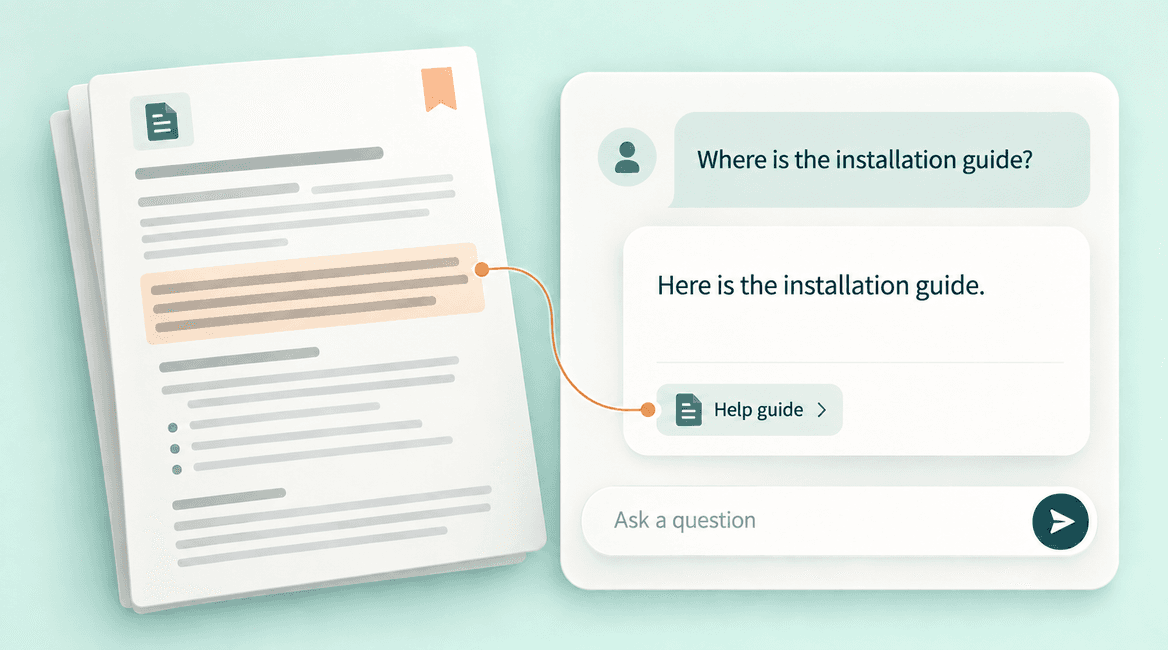 Website chat answer connected to an approved help document, with a visible source reference.