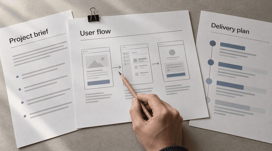 A hand reviews software wireframes alongside a project brief and delivery plan.