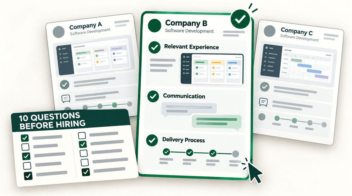 Three software development companies compared on relevant experience, communication, and delivery process beside a hiring checklist.