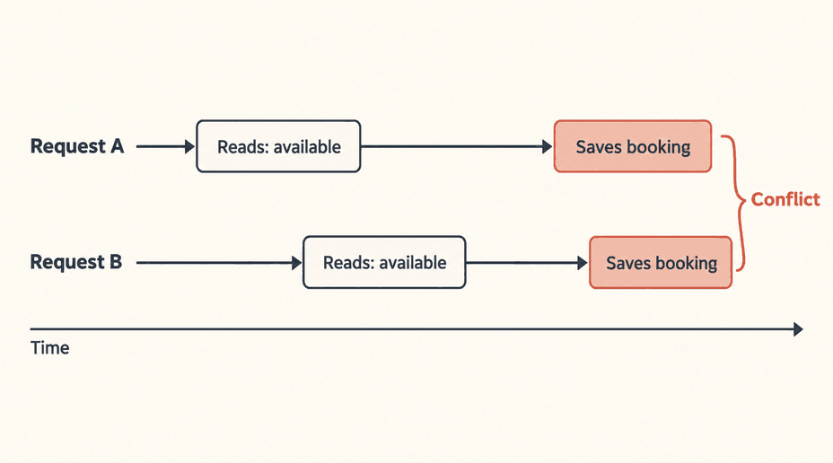 Two lanes show requests A and B both reading availability before either writes, illustrating an unsafe check-then-save race.