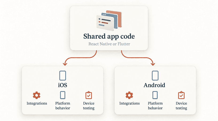 A shared application layer branching into separate iOS and Android integration and testing tasks.