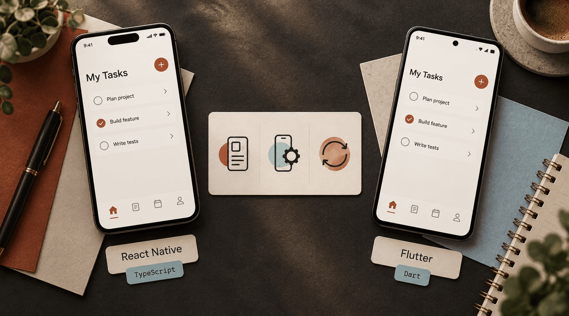 Two mobile task-list prototypes labeled React Native and Flutter, with TypeScript and Dart cards and shared evaluation criteria.