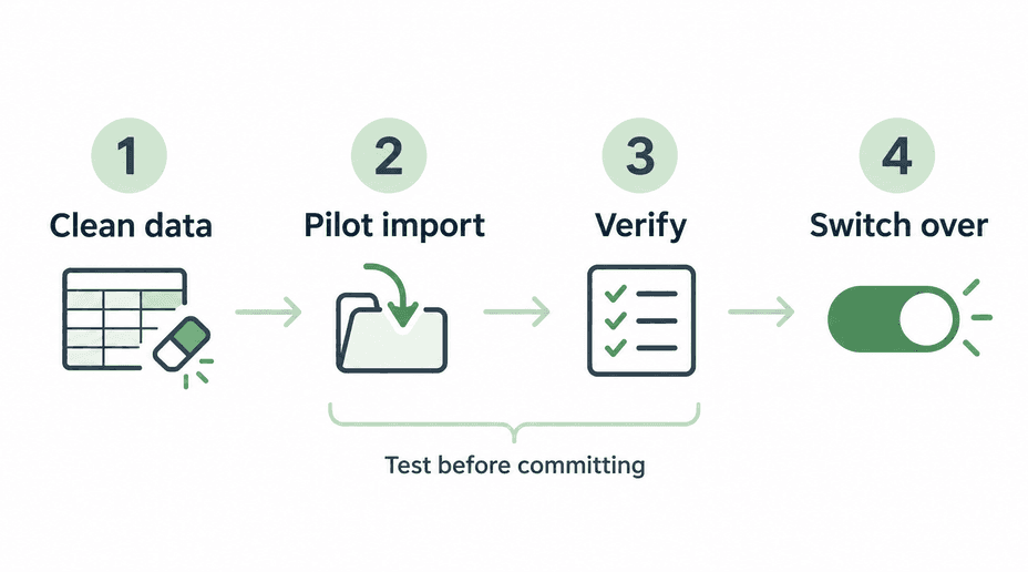 A four-step migration moves from cleaning data through a pilot import and verification to switching over.