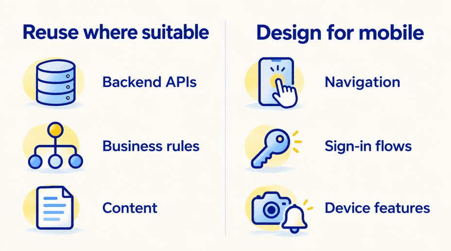 Two columns distinguish reusable backend APIs, business rules, and content from mobile navigation, sign-in flows, and device features.