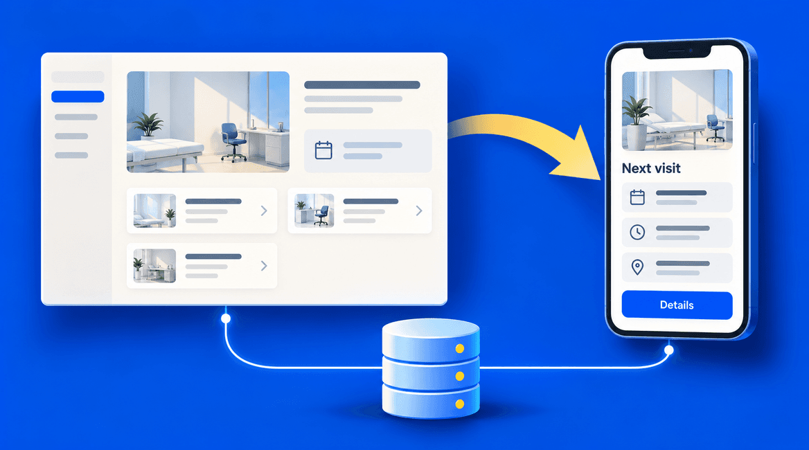 A desktop service website transforms into a focused mobile interface while retaining a shared data connection.