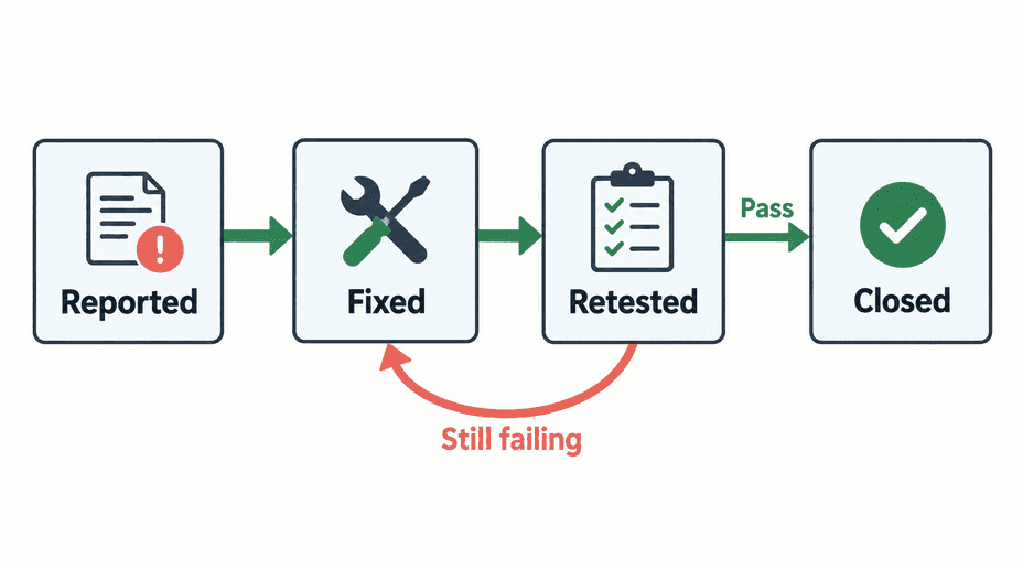 A reported issue moves through fixing, retesting, and closure, with failed retests returning for another fix.