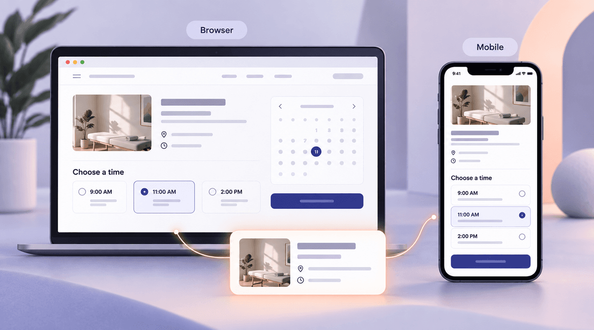 The same appointment-booking task appears in a desktop browser and a mobile app with matching time slots.